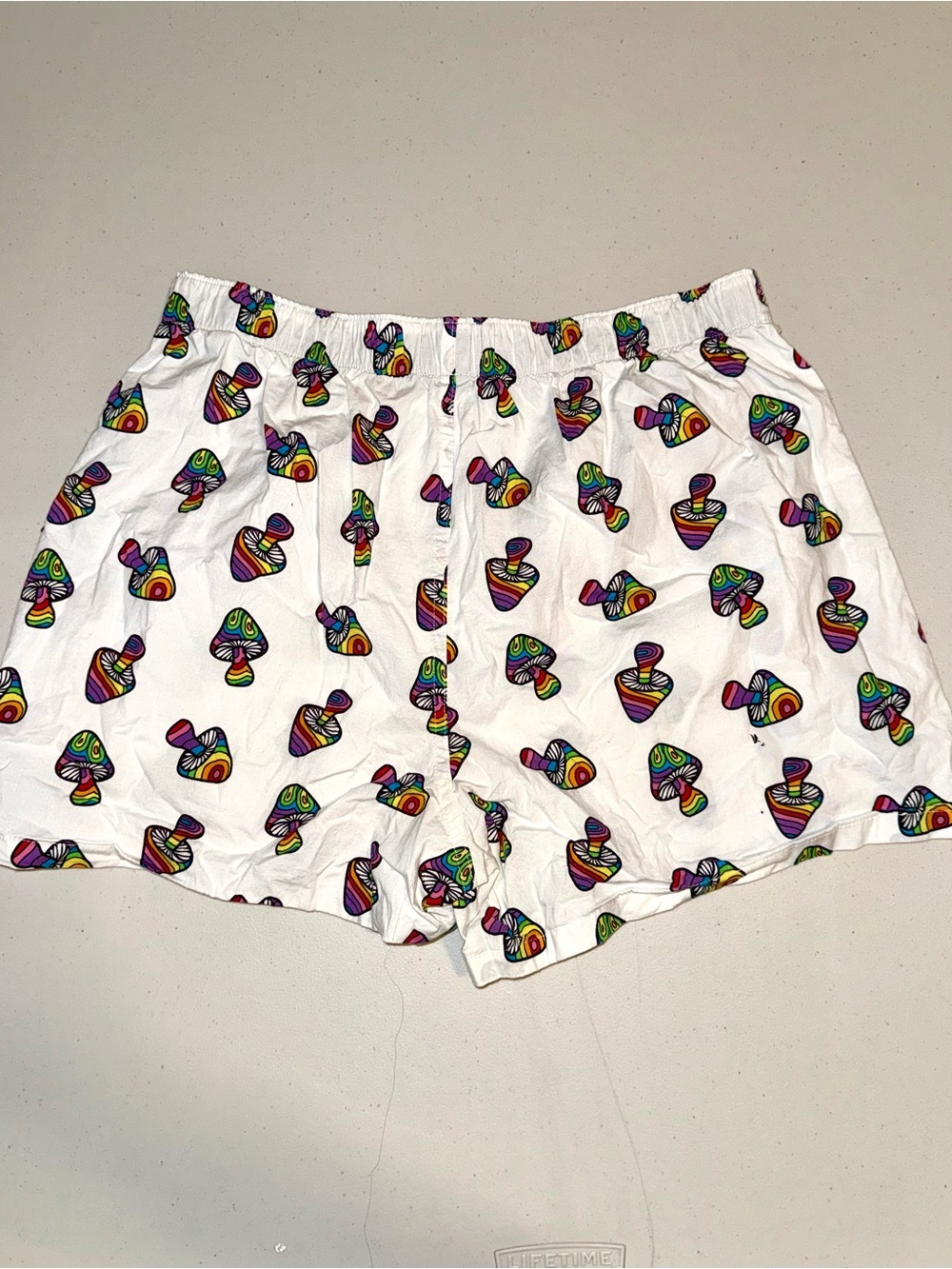 American Eagle Outfitters White Boxer Shorts with Rainbow Mushroom Print